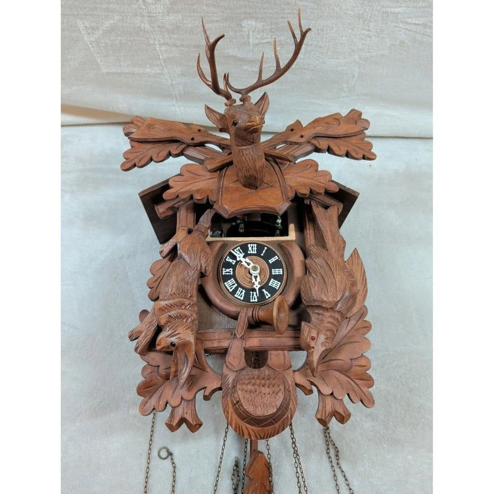 Vintage Cuendet Swiss Musical Cuckoo Clock Hand Carved Wood Stag Hunter Scene